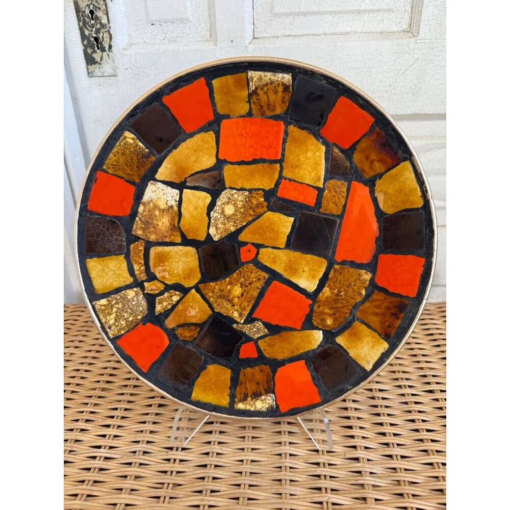 MCM Jon Matin Style Mosaic Tile Round Tray Platter 12" Orange Brown